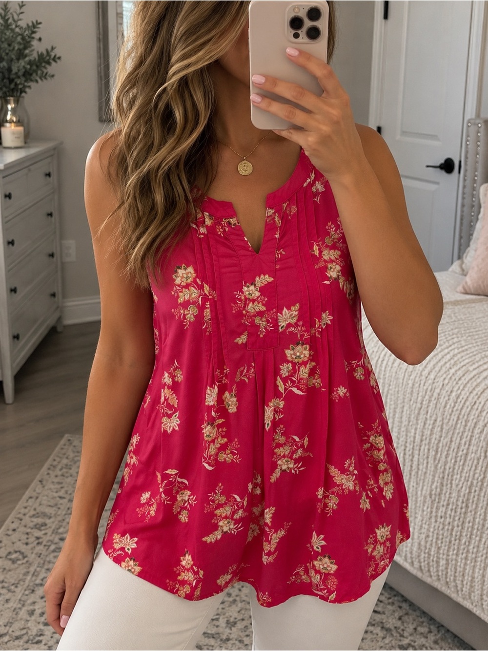 Croft & Barrow Pink Floral Sleeveless Blouse Size Large